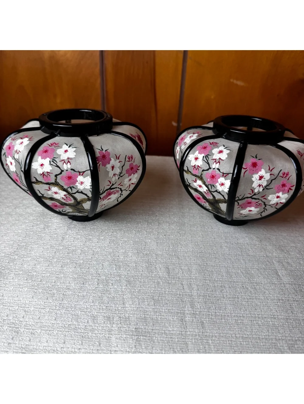 Vintage Japanese Hina Doll Bonbori Lantern Tops Pair Cherry Blossom Pink Black